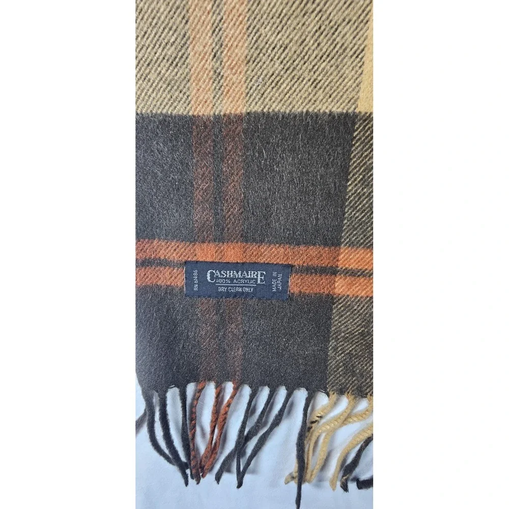 Vintage Cashmaire Plaid Scarf‎ Brown Tan Orange 100% Acrylic Made Japan